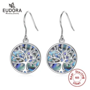 EUDORA Real 925 Sterling Silver Tree of Life Earrings Circle Mother of Pearl Crystal Blue Drop Earrings Gift for Girlfriend E92
