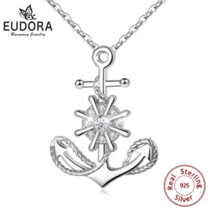 Eudora 100% 925 Sterling Silver Anchor & Rudder Pendants Necklaces with AAA CZ & BOX 2020 New Years Gift  Jewelry for Women D63