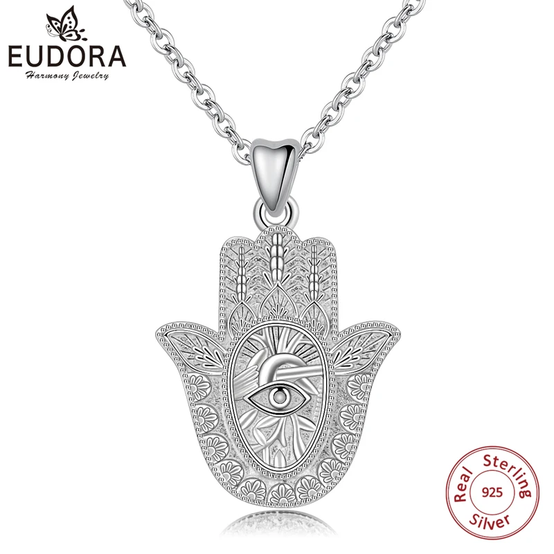 EUDORA 925 Sterling Silver Evil Eye Hamsa Hand Pendant Necklace For Men Women Angel Caller Fine Jewelry for dropshipping CYD312
