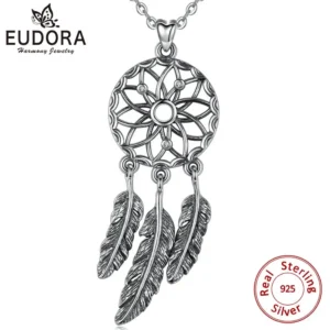 EUDORA 925 Sterling Silver Dream Catcher Pendant with 3 Feather Tassels Necklace Fine Vintage Jewelry for graduation gift D262