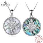 EUDORA 925 Sterling Silver Sunflower Pendant 2 style Mother of Pearl Shell Necklace Zircon Necklace Fine Jewelry with box