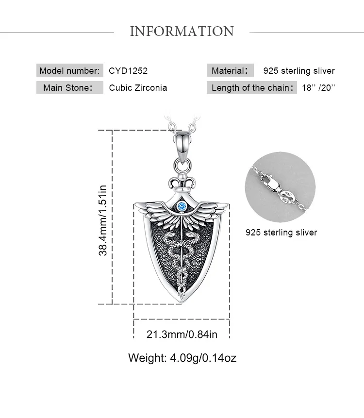 Eudora Original 925 Sterling Silver Caduceus Necklace Double Snake Wing Pendant Medical Symbol Jewelry for Men Women Gift – Image 12
