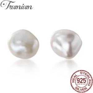 Trumium Solid s925 Sterling Silver Irregular Baroque Pearl Stud Earrings For Women Wedding Party Daily Fine Jewelry Gifts
