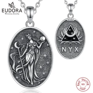 Eudora 925 Sterling Silver NYX Moon Goddess Necklace Dark goddess of Night NYX Pendant Wicca Pagan Hellenic Jewelry for Women