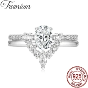 Trumium 1.5ct Sterling Silver 2pcs Rings for Women Oval Cut 5a Cubic Zirconia Engagement Wedding Band Curved Finger ring