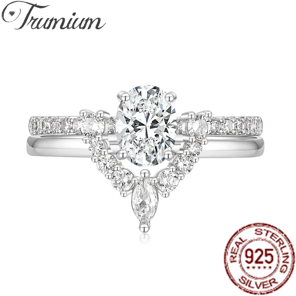 Trumium 1.5ct Sterling Silver 2pcs Rings for Women Oval Cut 5a Cubic Zirconia Engagement Wedding Band Curved Finger ring