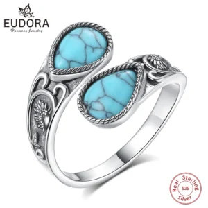 Eudora 925 Sterling Silver Sunflower Adjustable Ring Turquoise Spoon Ring Vintage Jewelry Personalized Gift for Women Men