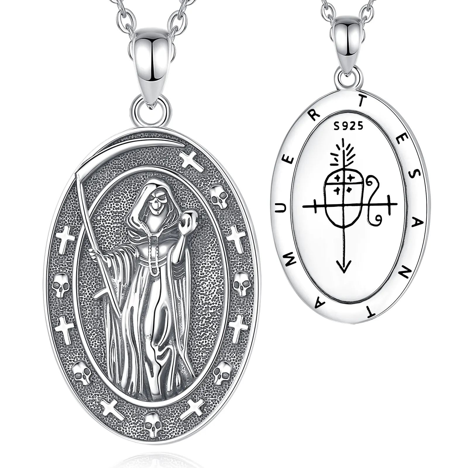 Eudora 925 Sterling Silver honey Death Scythe Necklace for Women Man Vintage Santa Muerte Mexican Pendant Personality Jewelry – Image 7