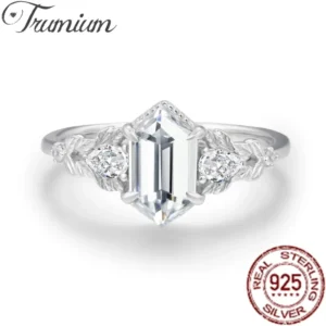 Trumium Genuine 925 Sterling Silver Hexagonal Zircon Luxury Rings For Women Flower Branch Vine Ring Wedding Fine Jewelry