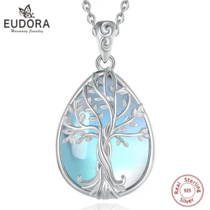 Eudora Original 925 Sterling Silver Tree of Life Necklace for Women Man Temperament Moonstone Charm Pendant Fine Silver Jewelry