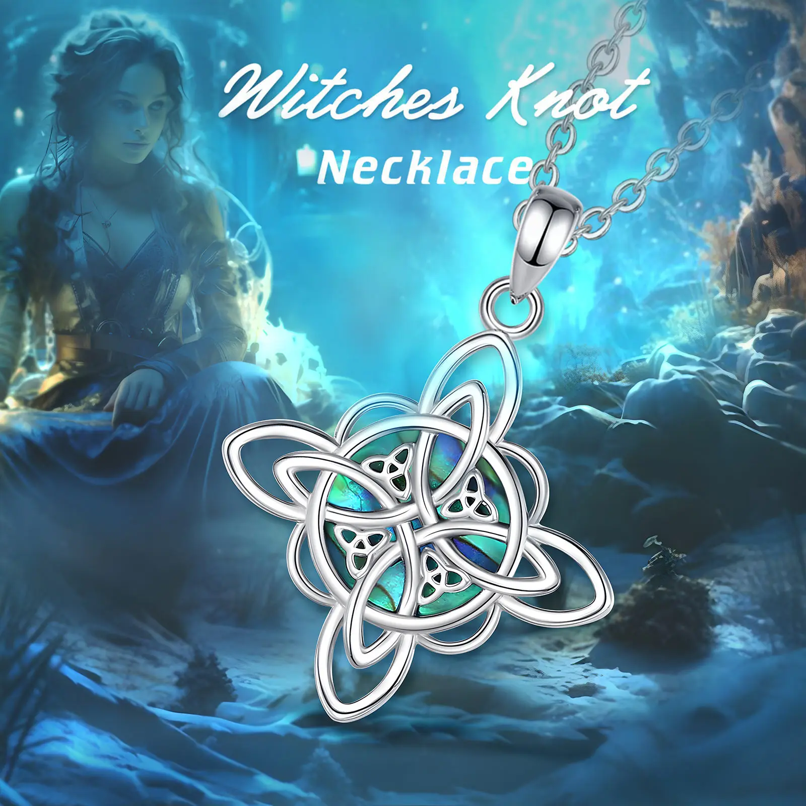 Eudora 925 Sterling Silver Witch Knot Necklace for Men Women Natural Abalone Shell Witchcraft Amulet Pendant Wicca Jewelry Gift – Image 5