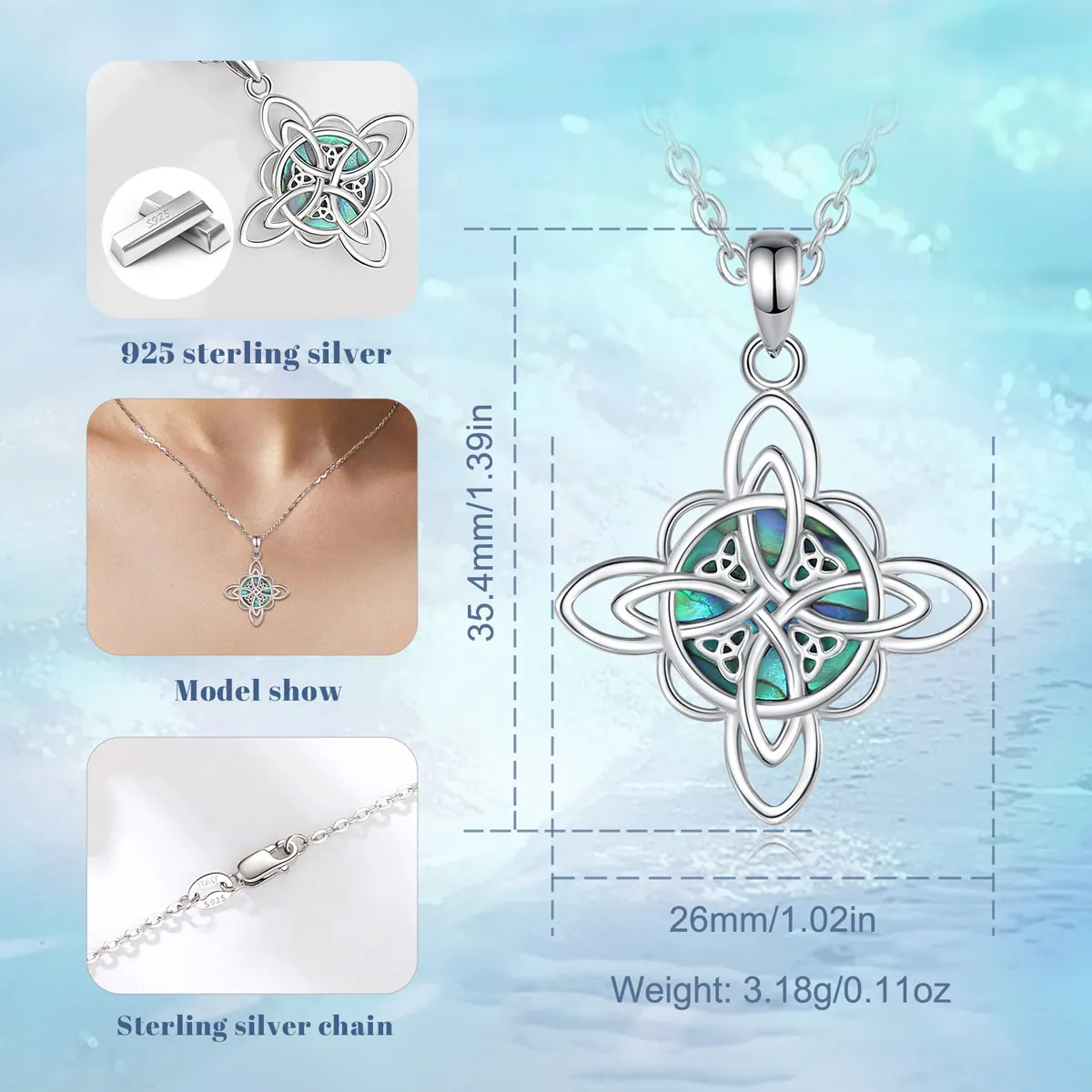 Eudora 925 Sterling Silver Witch Knot Necklace for Men Women Natural Abalone Shell Witchcraft Amulet Pendant Wicca Jewelry Gift – Image 2