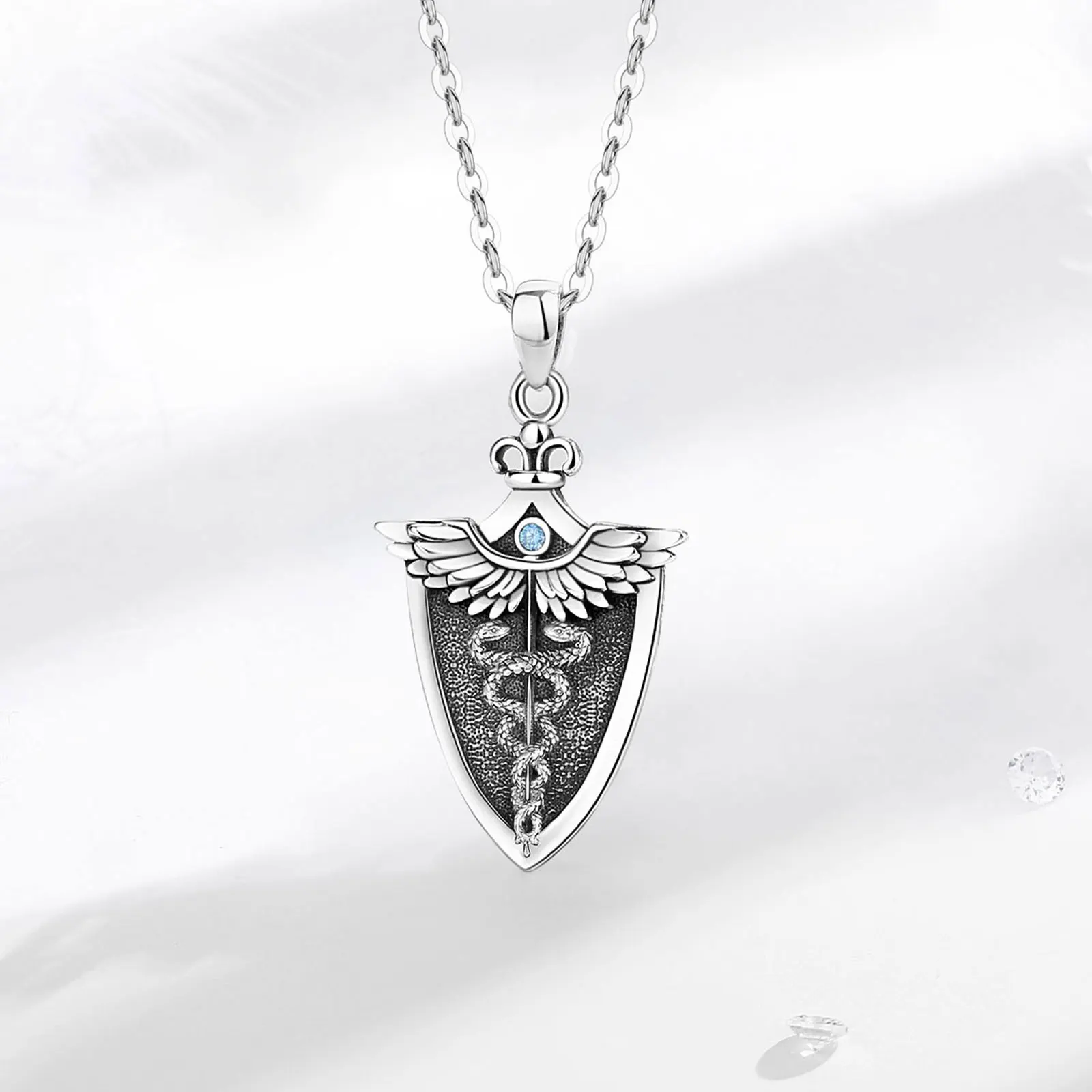 Eudora Original 925 Sterling Silver Caduceus Necklace Double Snake Wing Pendant Medical Symbol Jewelry for Men Women Gift – Image 3