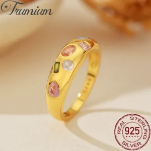 Trumium Genuine s925 Sterling Silver Plated 18K Gold Rings for Women Rainbow CZ Colorful Retro Ring Luxury Fine Jewelry