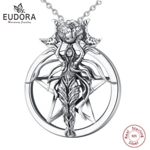 Eudora 925 Sterling Silver Lilith Pentagram Necklace for Women Man Vintage Triple Moon Goddess Pendant Wicca Jewelry Party Gift