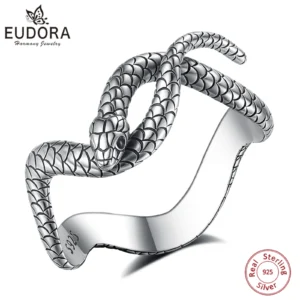 Eudora 925 Sterling Silver Snake Ring Black Zircon 18k Gold Textures Cobra Ring Wicca Pagan Jewelry Party Gift for Men Women