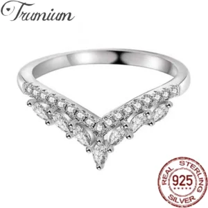 Trumium 18k White Gold Marquise Stackable Cubic Zirconia CZ V Shape Curved Engagement Rings Sparkling 925 Silver Wedding Band