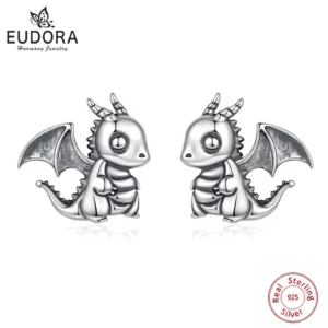 Eudora 925 Sterling Silver Cute Dragon Stud Earrings Hypoallergenic Animal Dragon Earring Gothic Jewelry Party Gift for Women