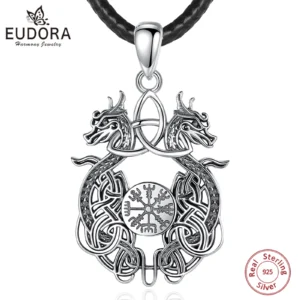 Eudora 925 Sterling Silver Viking Dragon Necklace for Man Women Celtic Knot Compass Amulet Pendant Personality Jewelry Fine Gift