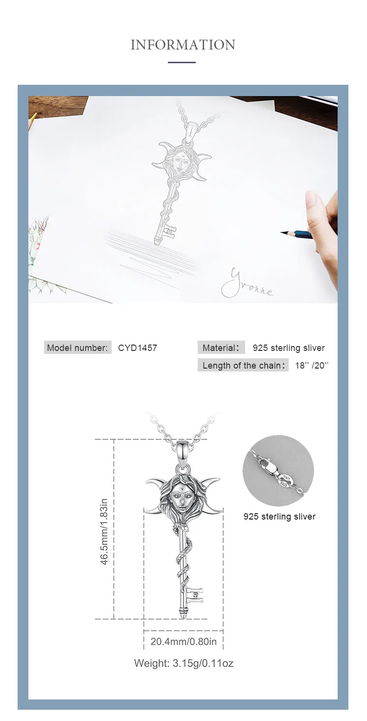 Eudora 925 Sterling Silver Hecate Necklace Snake Key Triple Moon Goddess Amulet Pendant Pagan Witch Jewelry Gift for Women Man – Image 12