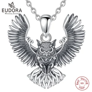 Eudora 925 Sterling Silver Cool Owl Necklace for Women Man Vintage Hip Hop Owl Amulet Pendant Personality Jewelry Party Gift