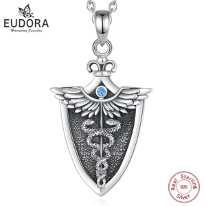 Eudora Original 925 Sterling Silver Caduceus Necklace Double Snake Wing Pendant Medical Symbol Jewelry for Men Women Gift