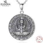 EUDORA 925 Sterling Silver Viking Odin God Medal Necklace for Man Women Fine Vikings Circle Nordic Runes Amulet Pendant Jewelry