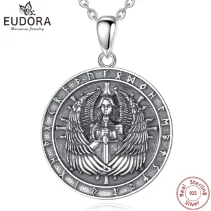 EUDORA 925 Sterling Silver Viking Odin God Medal Necklace for Man Women Fine Vikings Circle Nordic Runes Amulet Pendant Jewelry