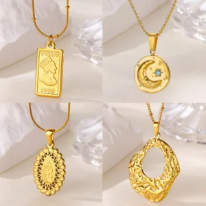 Geometric Portrait Necklaces for Women 18K Gold Plated Stainless Steel Crescent Moon Necklace Fashion Waterproof Jewelry