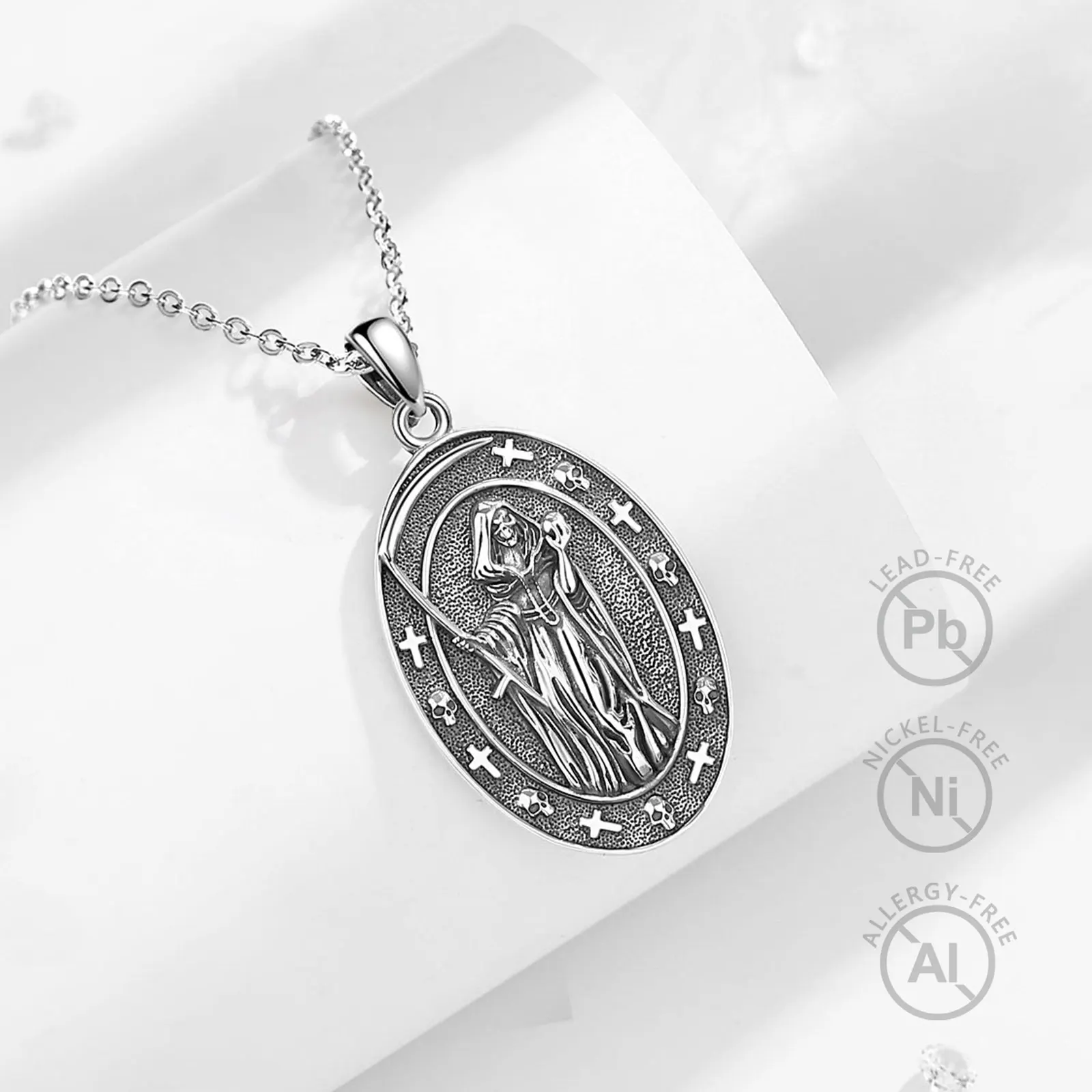 Eudora 925 Sterling Silver honey Death Scythe Necklace for Women Man Vintage Santa Muerte Mexican Pendant Personality Jewelry – Image 3