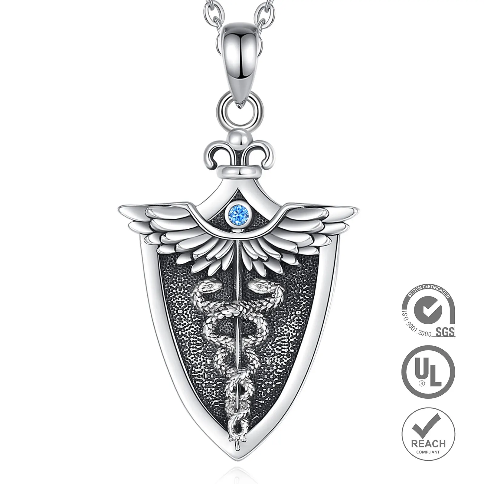 Eudora Original 925 Sterling Silver Caduceus Necklace Double Snake Wing Pendant Medical Symbol Jewelry for Men Women Gift – Image 8