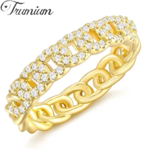 Trumium 14K Gold Plated Chain Link Rings for Women Round Cubic Zirconia Half Eternity Stackable Engagement Promise Rings