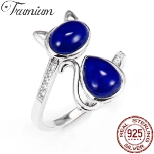 Trumium 100% S925 Sterling Silver Cat Open Rings for Women Girl Gift Sterling Silver Lapis Lazuli Stone Ring Fine Jewelry