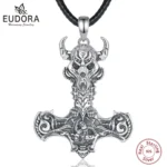 Eudora 925 Sterling Silver Norse Viking Thor's Hammer skull Rune Necklace Skeleton Hammer Amulet Pendant halloween Jewelry gift