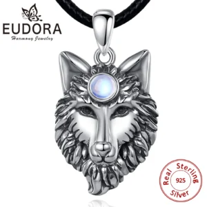 Eudora 925 Sterling Sillver Wolf Head Amulet Pendant Necklace Fashion Moonstone Wolf King Pendant Warriors Jewelry for Men Women