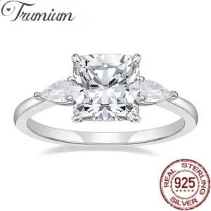 Trumium 3.5CT 925 Sterling Silver Engagement Rings for Women Cushion Cut 3-Stone Promise Rings 5A Zirconia CZ Wedding Bands