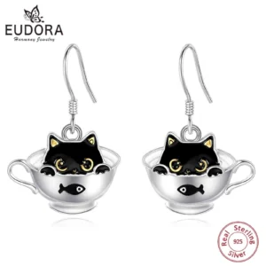 Eudora 925 Sterling Silver Cat inside Cup Drop Earings for Women Girl Cute Cat Fish Earing Fine Animal Charm Jewelry Party Gift