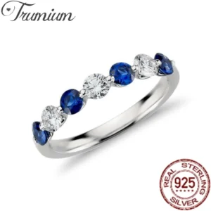 Trumium Solid 925 Sterling Silver Sparkling Blue and White Finger Ring For Women Girls Party Fashion Stackable Fine Jewelry