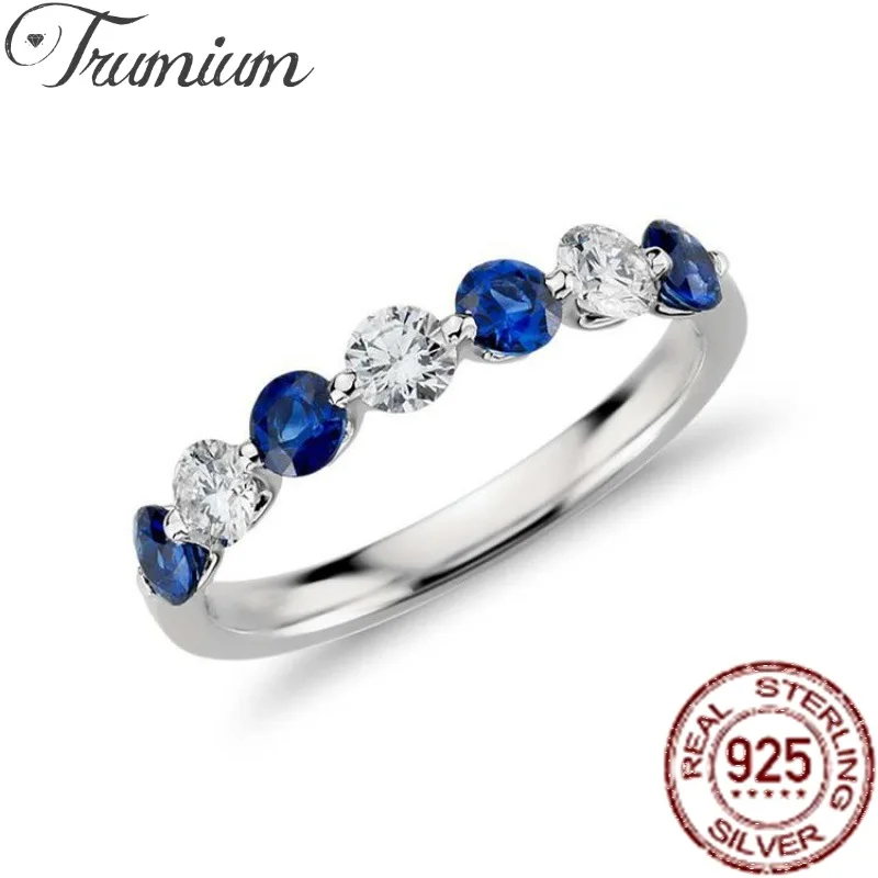 Trumium Solid 925 Sterling Silver Sparkling Blue and White Finger Ring For Women Girls Party Fashion Stackable Fine Jewelry