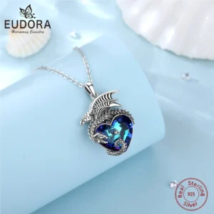 Eudora Real 925 Sterling Silver Dragon Neckalce for Women Heart Austrian Crystal Cool Dragon Pendants Necklaces Trendy Jewelry
