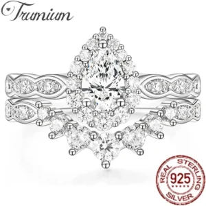 Trumium 1.5Ct Teardrop 925 Sterling Silver Bridal Ring Sets Wedding Band Vintage Pear Shape Halo Cubic Zirconia Engagement Ring