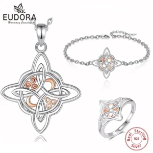 Eudora 925 Sterling Silver Witch Knot Adjustable Ring & Necklace & Bracelet Witchcraft Amulet Jewelry Set for Men Women Gift