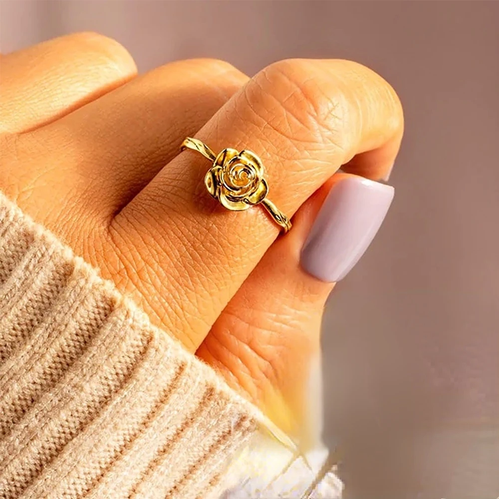 Trumium 18K Gold Plated 925 Sterling Silver Vintage Flower Rose Promise Rings for Women Retro Statement Engagement Ring Gift – Image 8