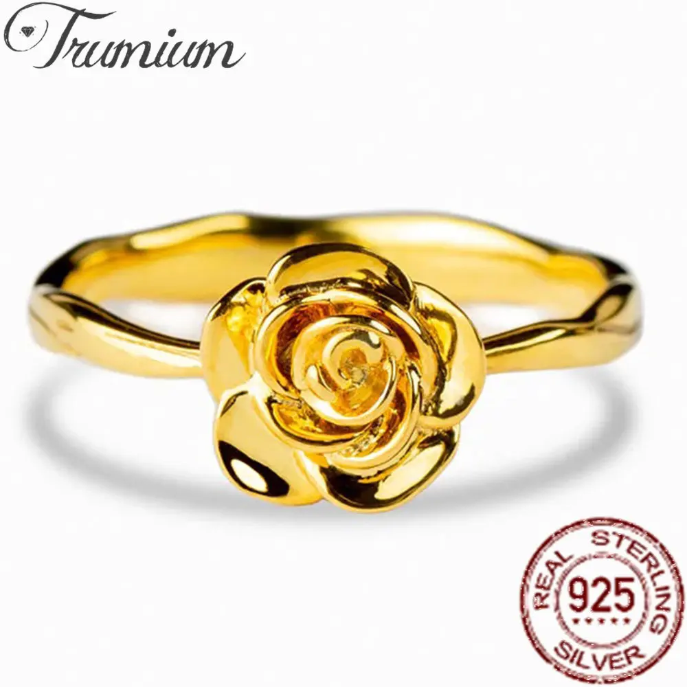 Trumium 18K Gold Plated 925 Sterling Silver Vintage Flower Rose Promise Rings for Women Retro Statement Engagement Ring Gift
