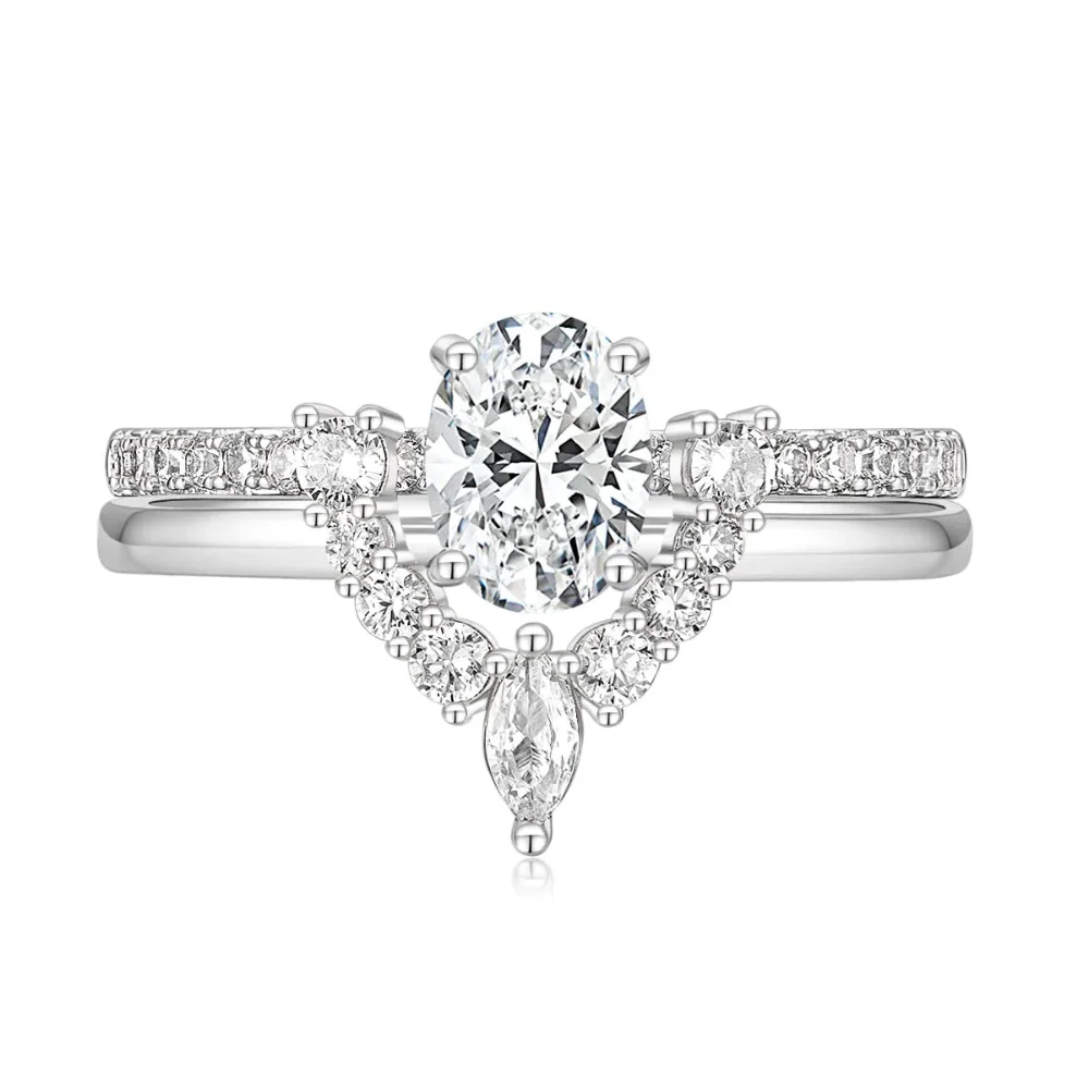 Trumium 1.5ct Sterling Silver 2pcs Rings for Women Oval Cut 5a Cubic Zirconia Engagement Wedding Band Curved Finger ring – Image 8