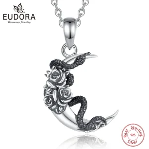 Eudora New 925 Sterling Silver Wicca Moon Necklace Black Snake and Rose Amulet Pendant Personality Jewelry Gift for Men Women