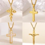 18K Gold Plated Cross Necklaces for Women Dainty Zircon Cross Pendant Stainless Steel Jesus Cross Necklace Waterproof Jewelry