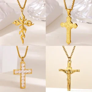 18K Gold Plated Cross Necklaces for Women Dainty Zircon Cross Pendant Stainless Steel Jesus Cross Necklace Waterproof Jewelry