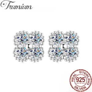 Trumium 1.2CT Moissanite Stud Earrings for Women 925 Jewelry Four Diamond Small Flowers Silver Earring Luxury Exquisite Gift