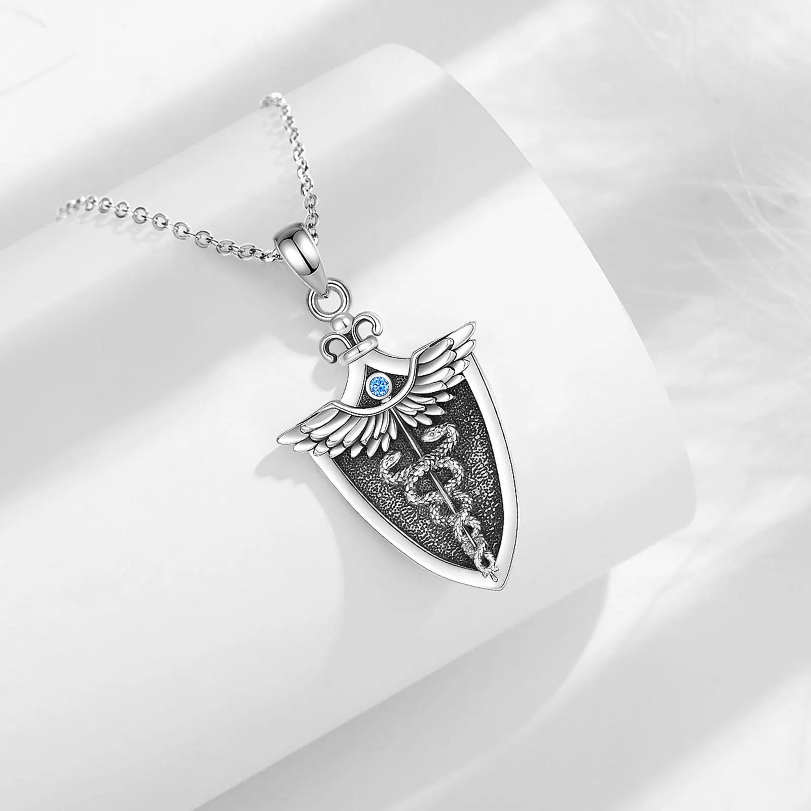 Eudora Original 925 Sterling Silver Caduceus Necklace Double Snake Wing Pendant Medical Symbol Jewelry for Men Women Gift – Image 4